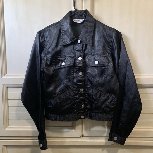 Vintage Satin Black Button Up Jacket Front Pockets Small Y2K 90s Instant Action - Picture 1 of 3